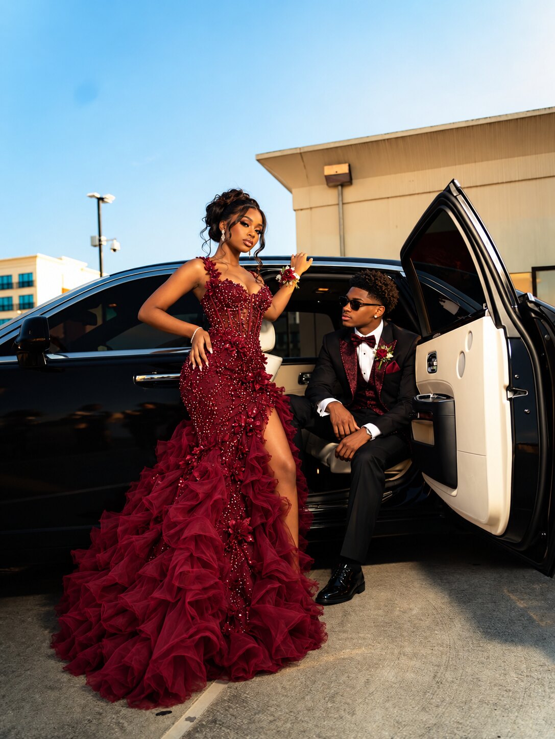 Matric dance portrait concept beside a luxury car