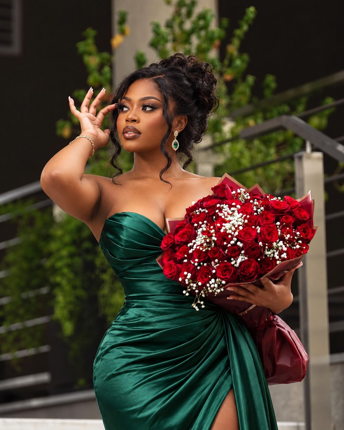 Outdoor portrait concept with an emerald green dress